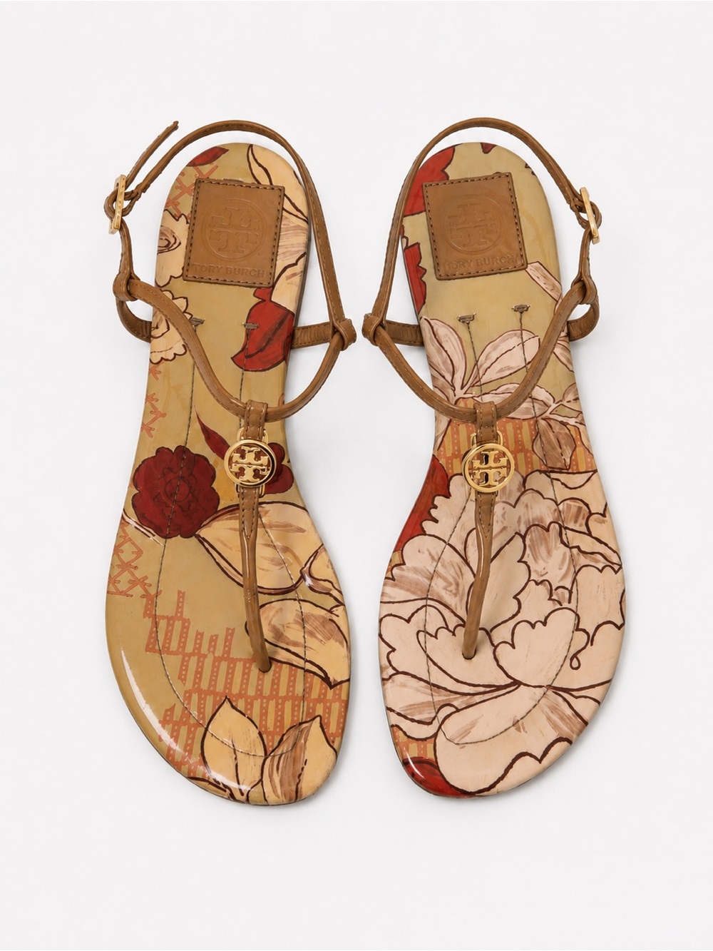 Tory Burch | Emmy Sandal Tan Patent Leather T-Strap Floral Print (Damaged)